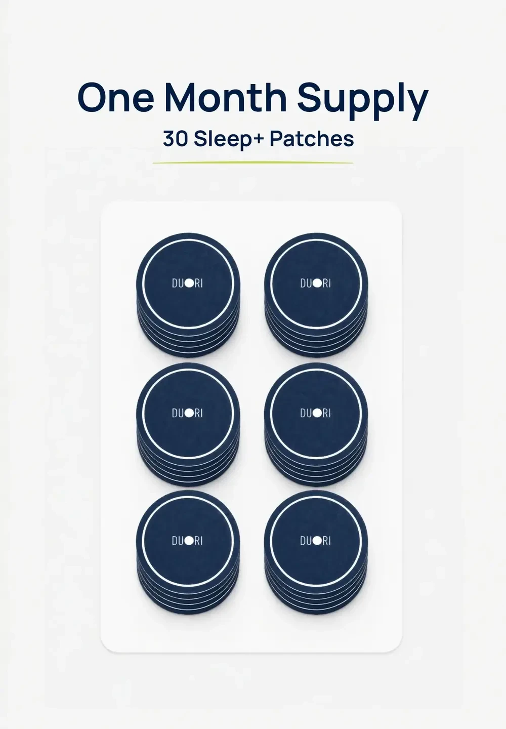 Thirty Duori Sleep+ Patches displayed as a one-month supply, providing a convenient 30-count nightly sleep and recovery wellness routine.