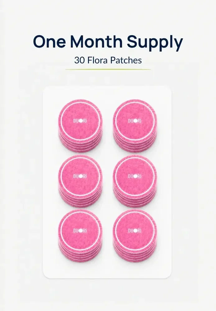 30-count Duori Flora Patches monthly supply displayed on a tray, designed to support feminine wellness, microbiome balance, and daily intimate care.