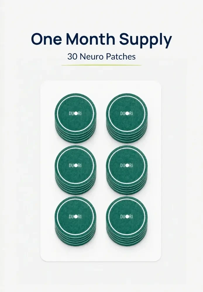 Thirty Duori Neuro Patches displayed as a one-month supply, featuring six stacks of teal focus and energy patches arranged on a white card.