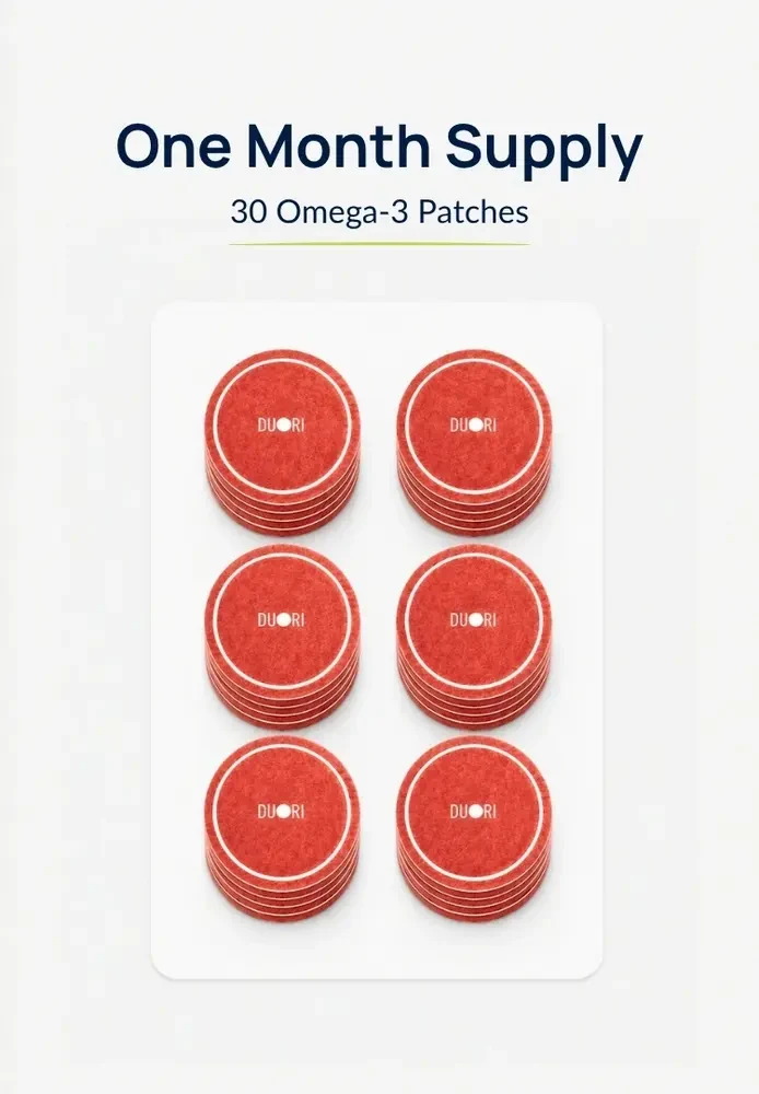 Duori Omega-3 Patches one-month supply containing 30 daily wellness patches. Convenient Omega-3 patch format designed for everyday heart, brain, and overall wellness support.