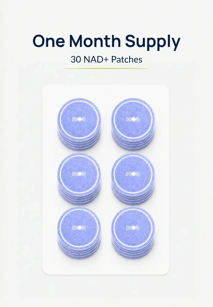 One-month supply of Duori NAD+ Patches showing 30 individual patches designed for daily wellness support.