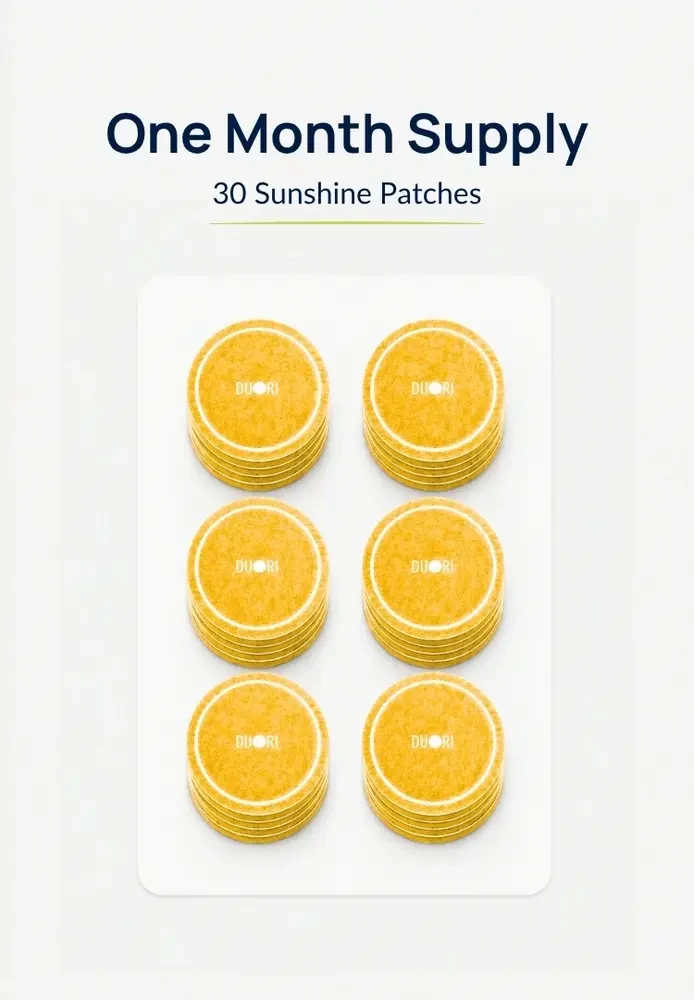 One-month supply of Duori Sunshine Vitamin D Patches featuring 30 yellow wellness patches designed for daily support of mood, immune health, energy levels, and overall vitality.