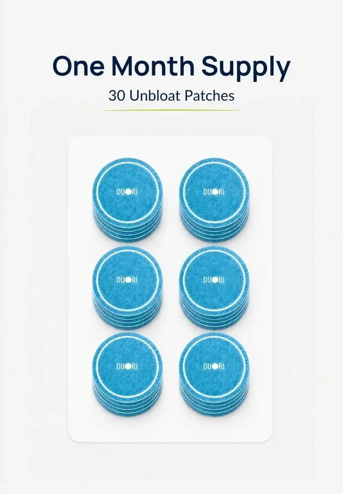 One-month supply of Duori Unbloat Patches featuring 30 wearable digestive support patches designed to help reduce bloating, promote gut comfort, and support daily digestive wellness.