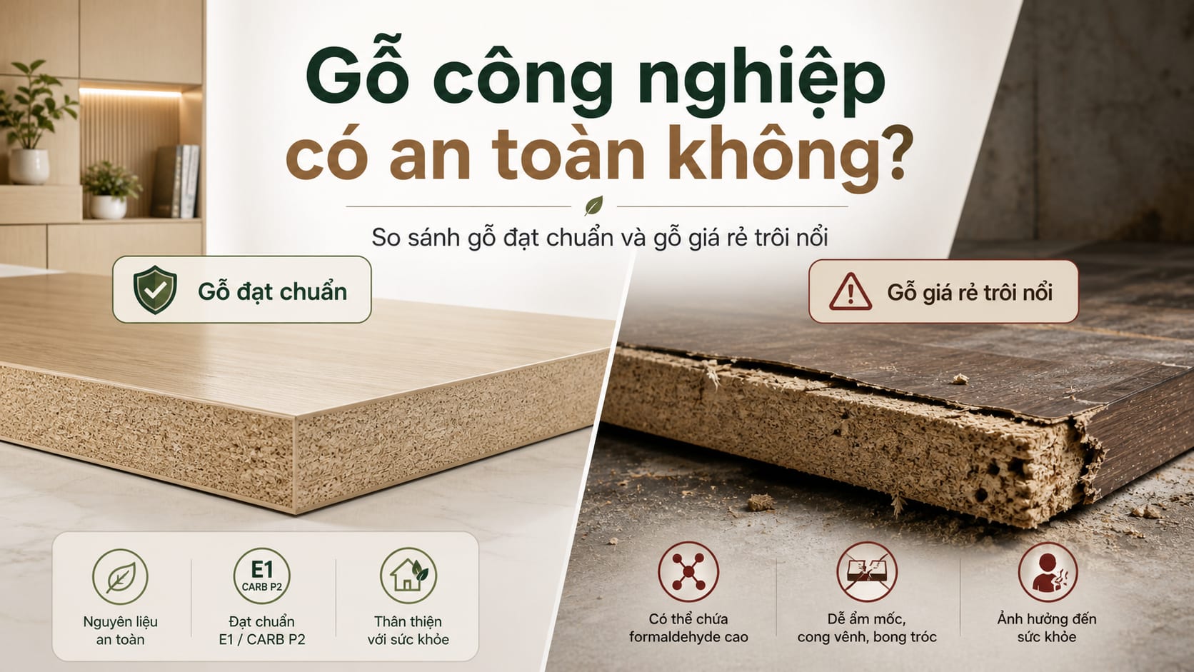 Gỗ công nghiệp có an toàn không? So sánh gỗ đạt chuẩn và gỗ giá rẻ trôi nổi