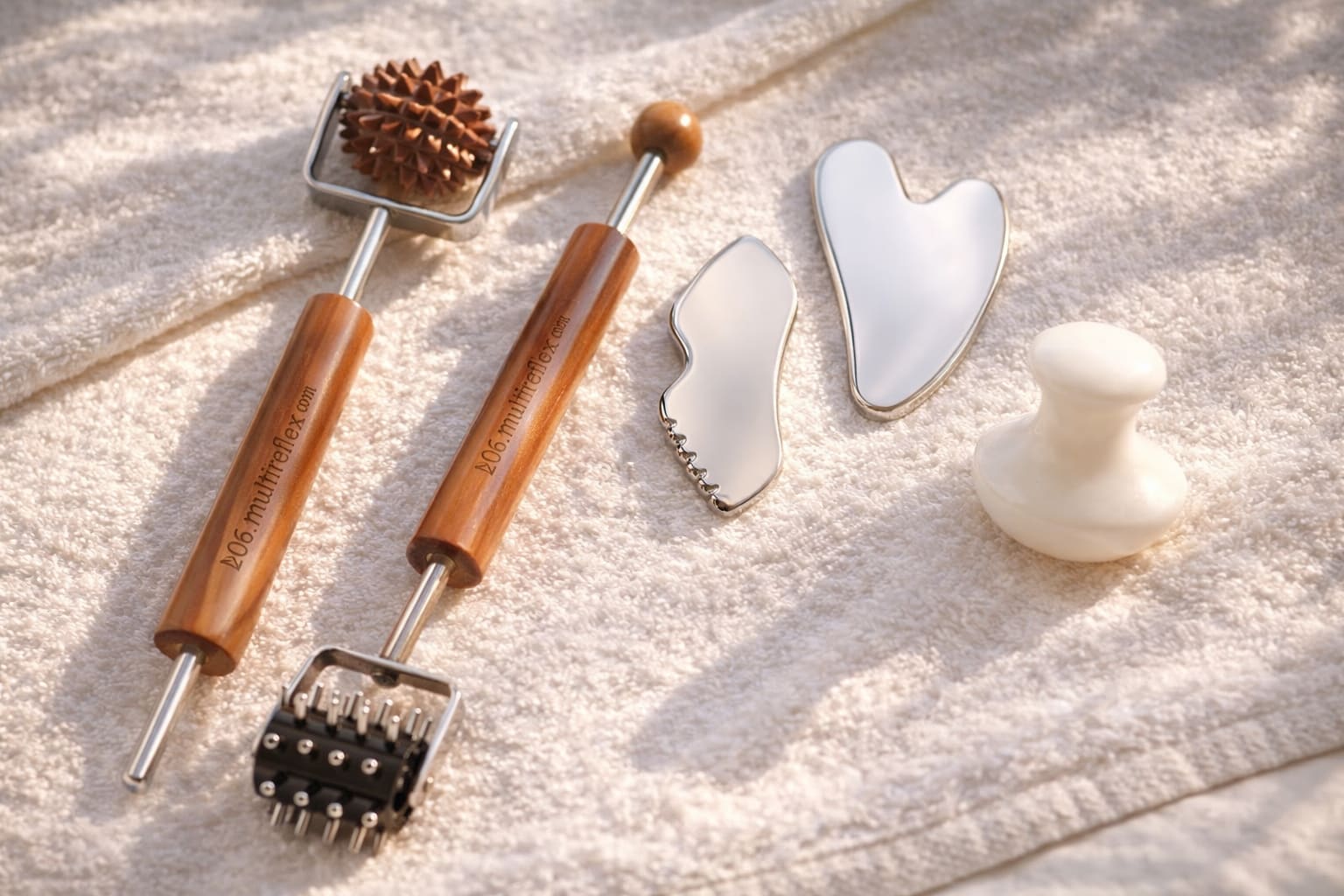Massage tools used in Erion Beauty treatments - guashas, cupping tools, and Dien Chan tools