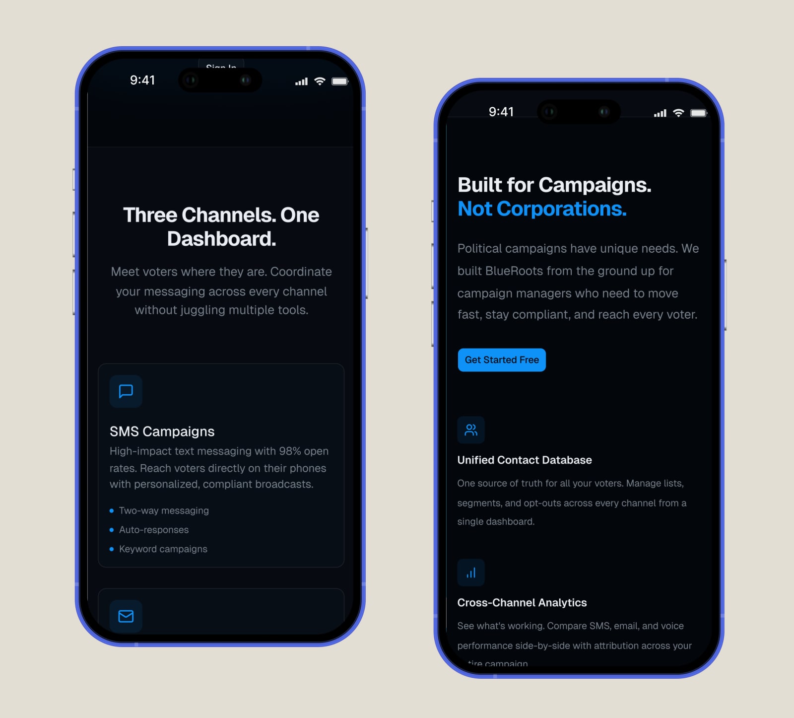 BlueRoots campaign analytics dashboard with performance metrics