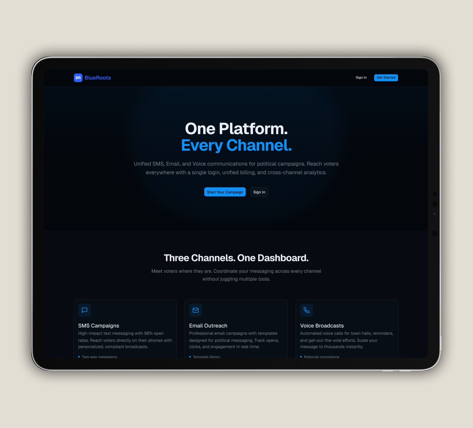 BlueRoots SMS campaign creation and scheduling interface