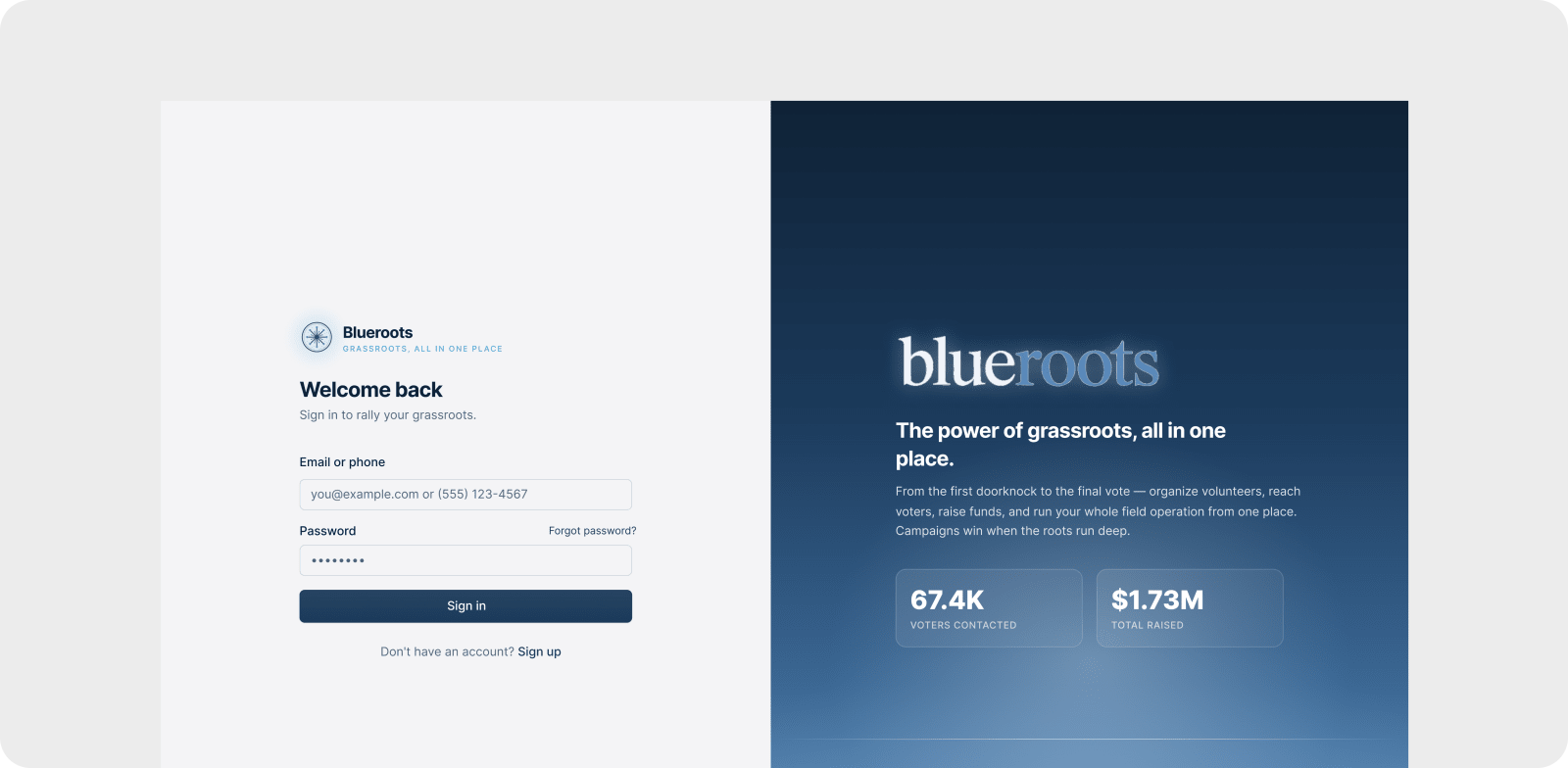 BlueRoots unified campaign dashboard with outreach and analytics views