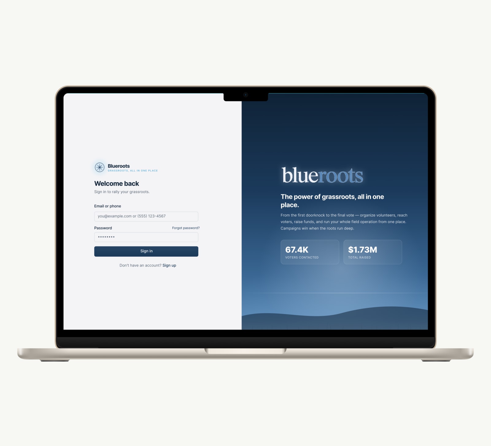 BlueRoots fundraising insights and voter contact detail screens