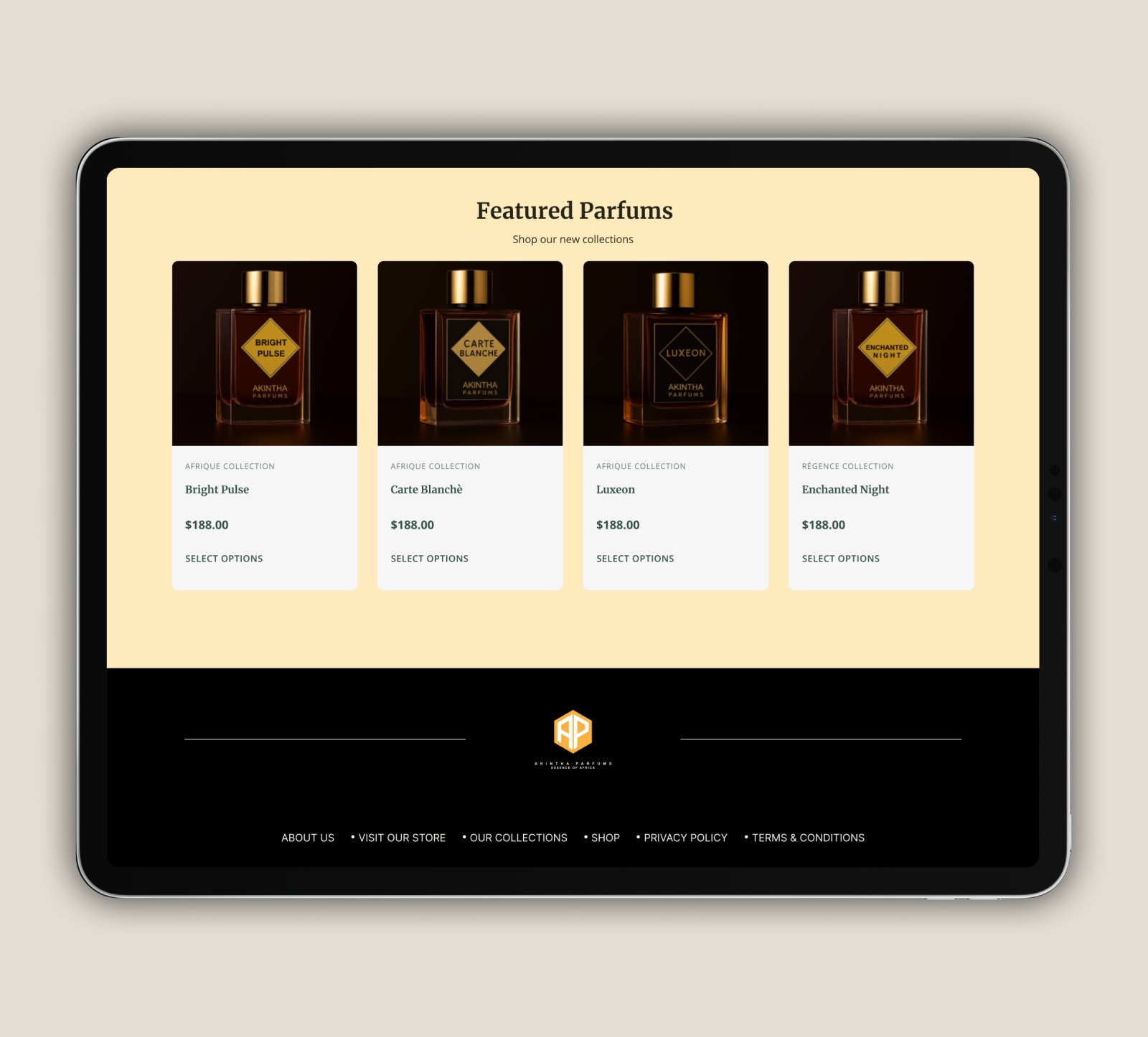 Akintha Parfums collection page design with luxury product grid