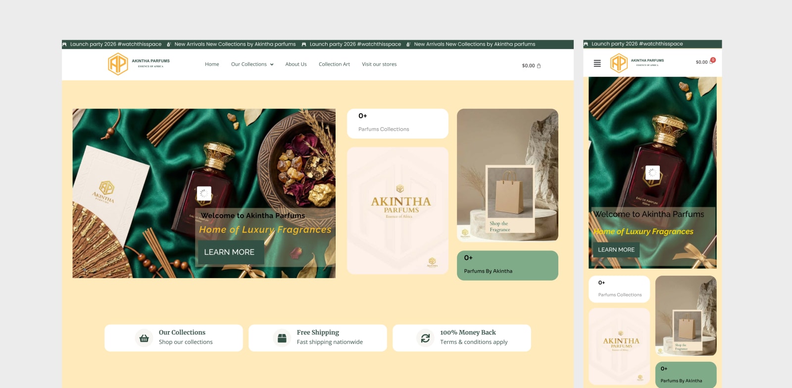 Akintha Parfums fragrance product showcase with brand storytelling layout