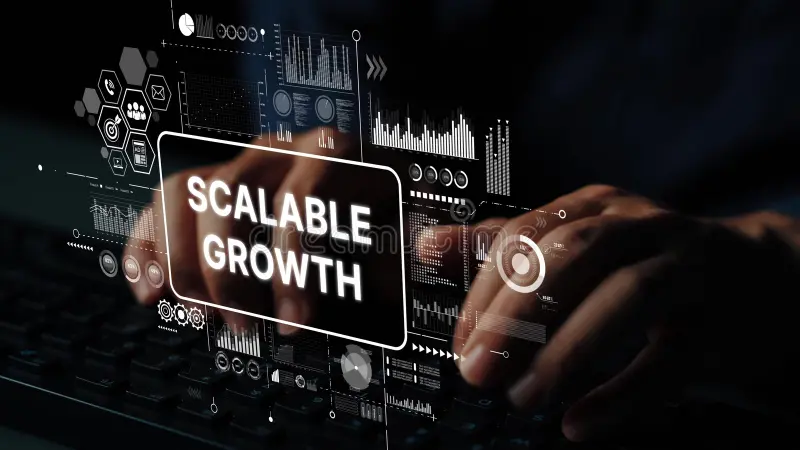 hands typing keyboard digital interface showing graphs text scalable growth business technology sectors 461954416