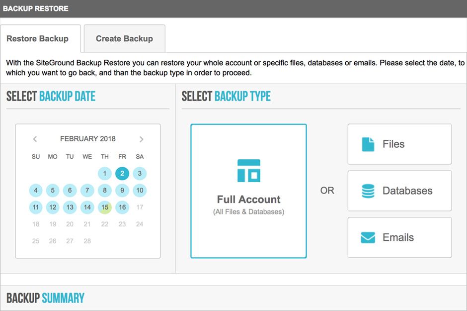 Screenshot of SiteGround Backup Tool