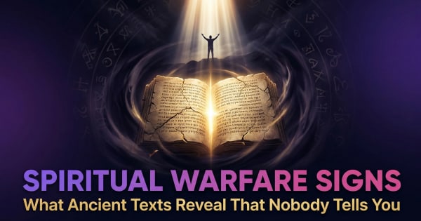 Mystical ancient manuscript with glowing symbols — revealing hidden signs of spiritual warfare documented across centuries