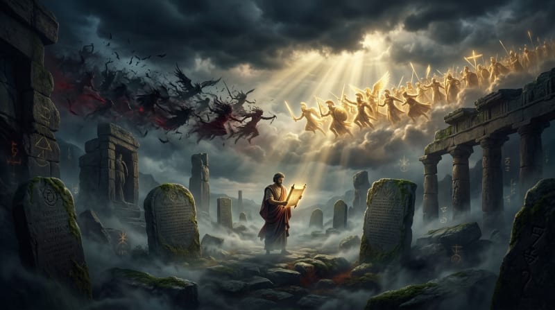 Ancient spiritual warfare — crumbling stone relief with dramatic light and shadow representing centuries-old hidden spiritual conflict