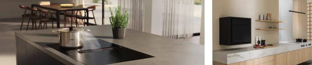 Kochfeldabzug u Backofen Moderne Designküchen mit Kochfeld und integriertem Dunstabzug (links) sowie Einbaugerät und offenen Regalen (rechts)