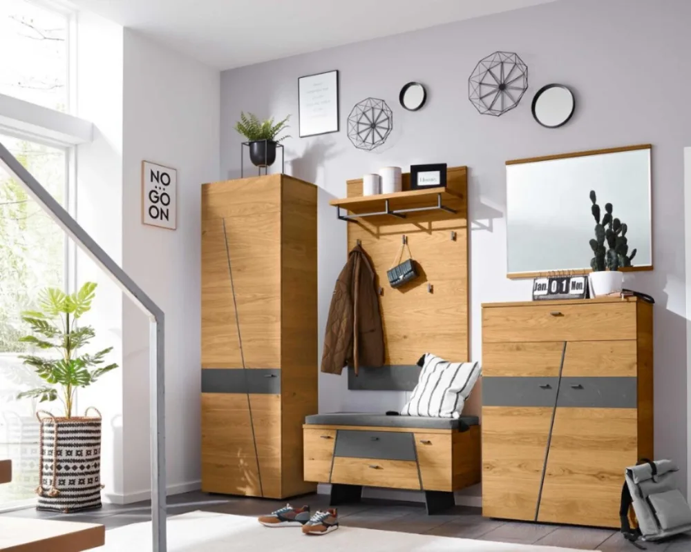 Interliving Garderoben-Set im Eingangsbereich Flurgarderobe mit Spiegel, Ablagefläche und Kleiderhaken in Holzoptik