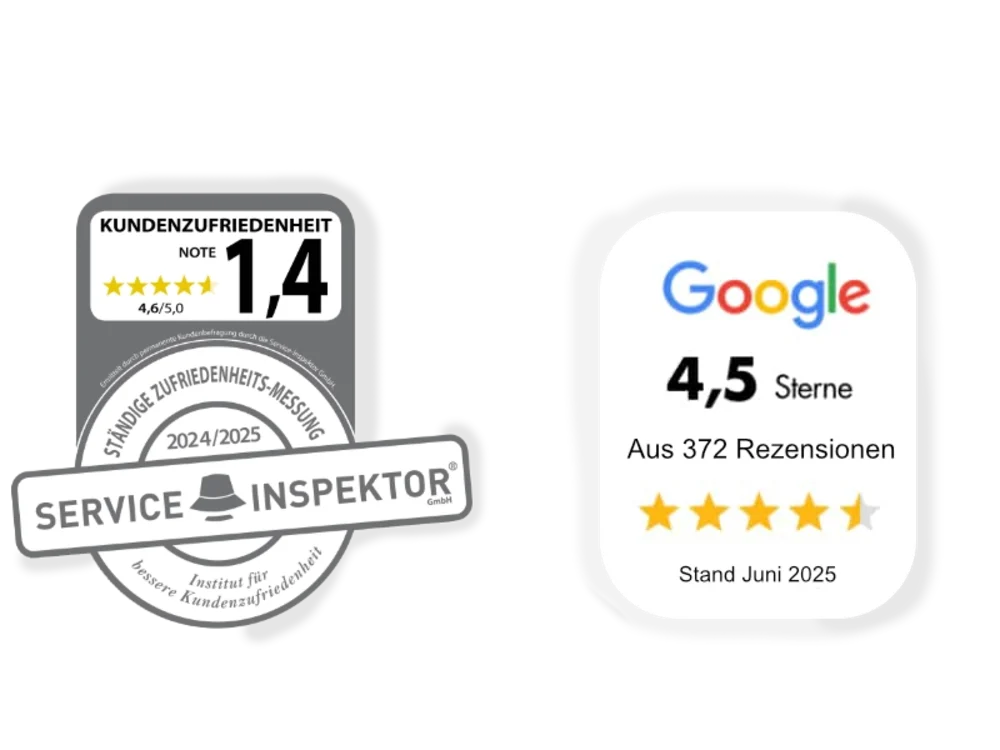 Kundenbewertungen Möbelhaus Grafiken mit Note 1,4 der Kundenzufriedenheit durch Service-Inspektor und Google-Bewertung 4,5 Sterne aus 372 Rezensionen.