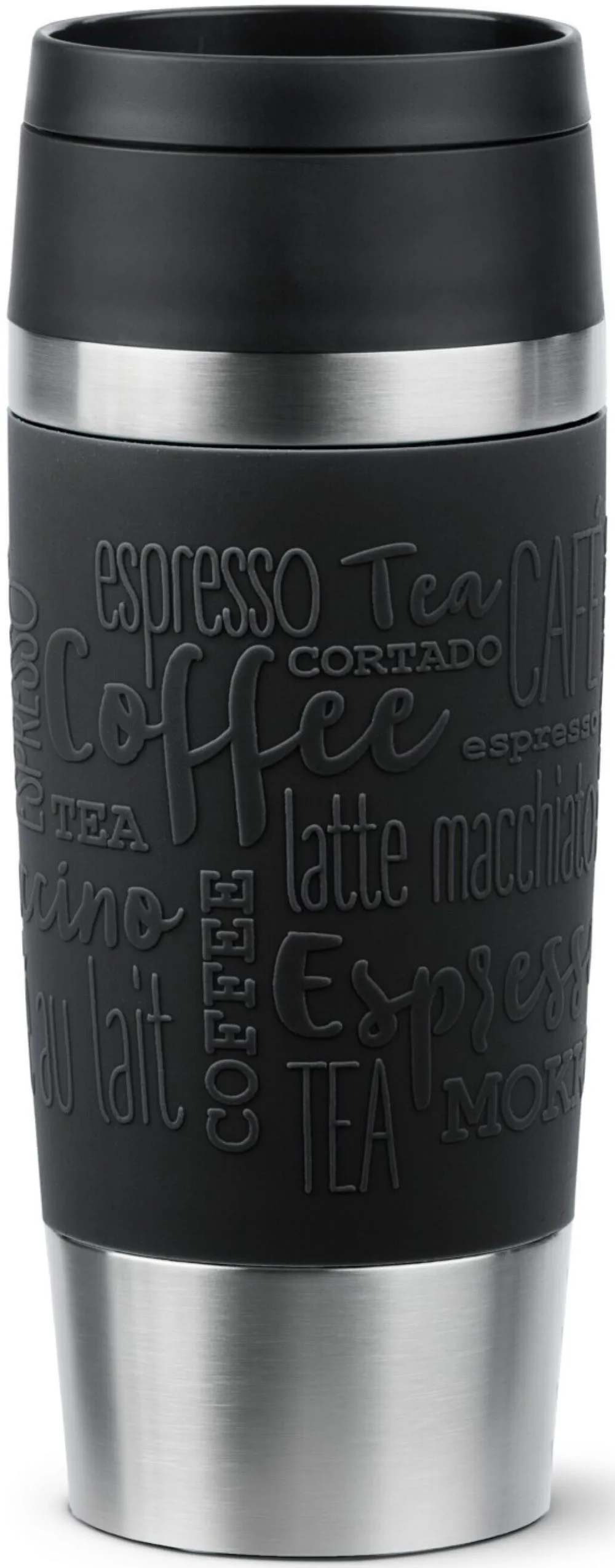 Schwarzer Thermobecher mit Kaffeeprägungen– stilvoller Becher mit rutschfester Struktur Frontalansicht eines Thermobechers mit schwarzem Griffbereich Kaffeeprägungen und Deckel aufgenommen aus Augenhöhe