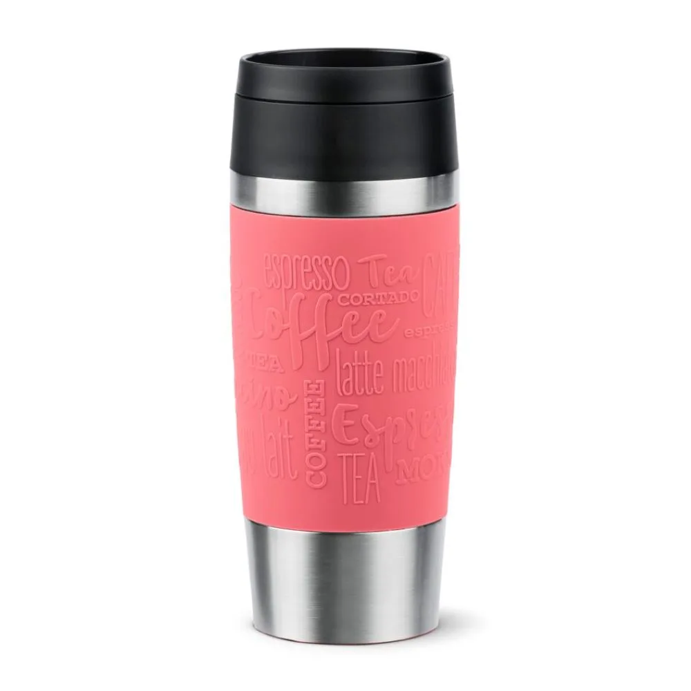 Thermobecher mit Kaffeeprägung – stilvoller Becher mit Edelstahl und schwarzem Deckel Frontalansicht Thermobecher mit Edelstahlkörper pink strukturiertem Griffbereich und schwarzem Deckel Augenhöhe