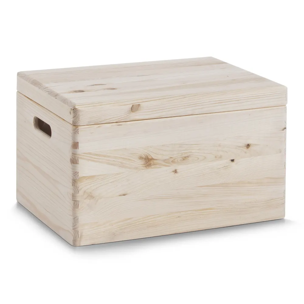 Naturbelassene Holzkiste mit seitlichen Grifföffnungen Holzkiste naturbelassenes Nadelholz seitliche Grifföffnungen leicht erhöht Vorder- und Oberseite sichtbar