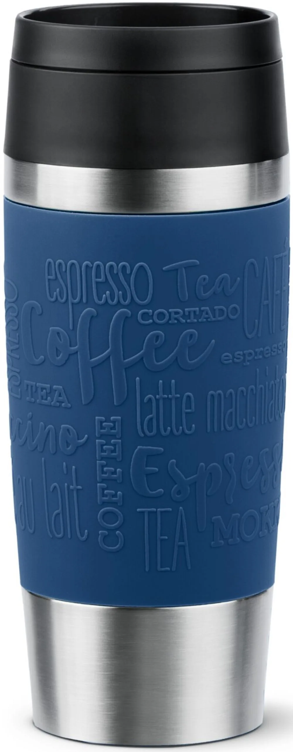 Dunkelblauer Thermobecher mit Edelstahl – stilvoller Becher mit Kaffeeprägung und schwarzem Deckel Dunkelblauer Thermobecher mit Kaffeeprägung, Edelstahlboden und schwarzem Deckel, freigestellt vor Weiß