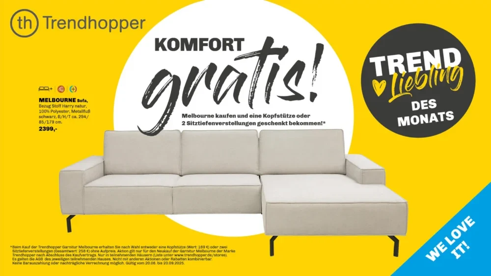 Trendhopper Melbourne Aktion Trendhopper Melbourne Ecksofa in Beige, Preis 2399€, modernes Polstermöbel für Wohnzimmer. Aktionsangebot: gratis Kopfstütze oder Sitztiefenverstellung inklusive, ausgezeichnet als Trend-Liebling des Monats.