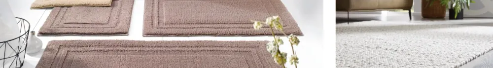 Header Badematten-Set in Rosé und Beige und grauer Teppich Header Textilset mit rutschfesten Badematten in zarten Rosatönen und beige und Teppich