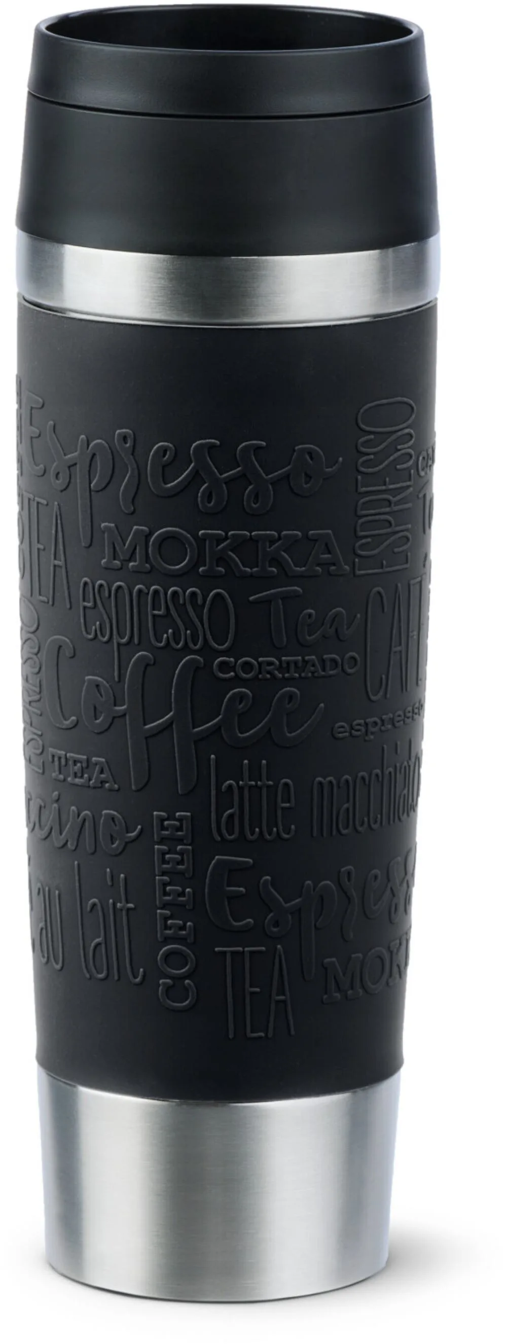 Schwarzer Thermobecher mit Kaffeeprägungen – stilvoller Becher mit rutschfester Struktur Frontalansicht eines Thermobechers mit schwarzem Griffbereich und Kaffeeprägungen aus Augenhöhe fotografiert.