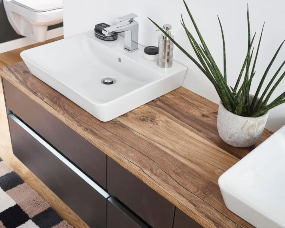 Kompaktwaschtisch mit Holzplatte und Pflanzendekor Kleiner Waschtisch mit Holzplatte, weißem Becken und Aloe Vera Pflanze auf Badezimmermöbel