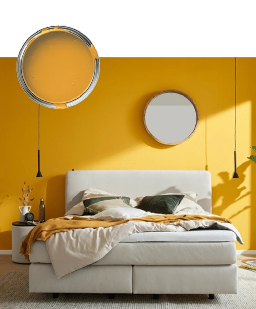Color Your Life – Farbthema Gelb Schlafzimmer mit sonnengelber Wand und harmonisch abgestimmten Wohnaccessoires