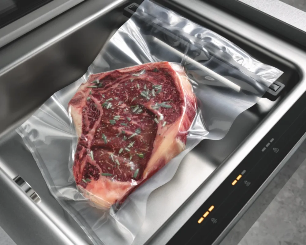 Miele Vakuumierschublade mit Steak Vakuumierschublade mit vakuumiertem Steak, Vorbereitung für Sous-vide-Garen mit Miele-Technik