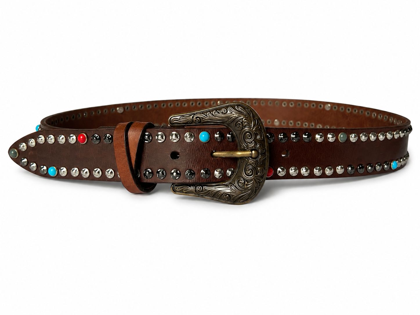 Studded Vintage Western Style | Antique Engraved Buckle | Brown