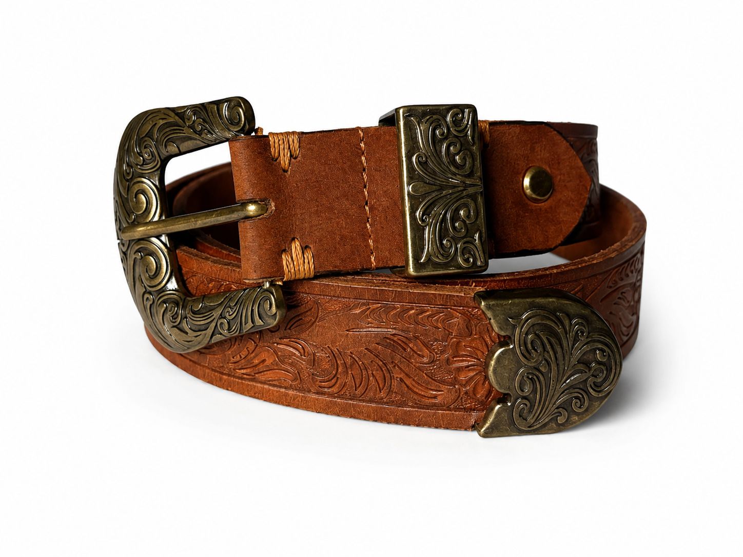 Vintage Western Tooled Genuine Leather Belt with Antique Brass Buckle
