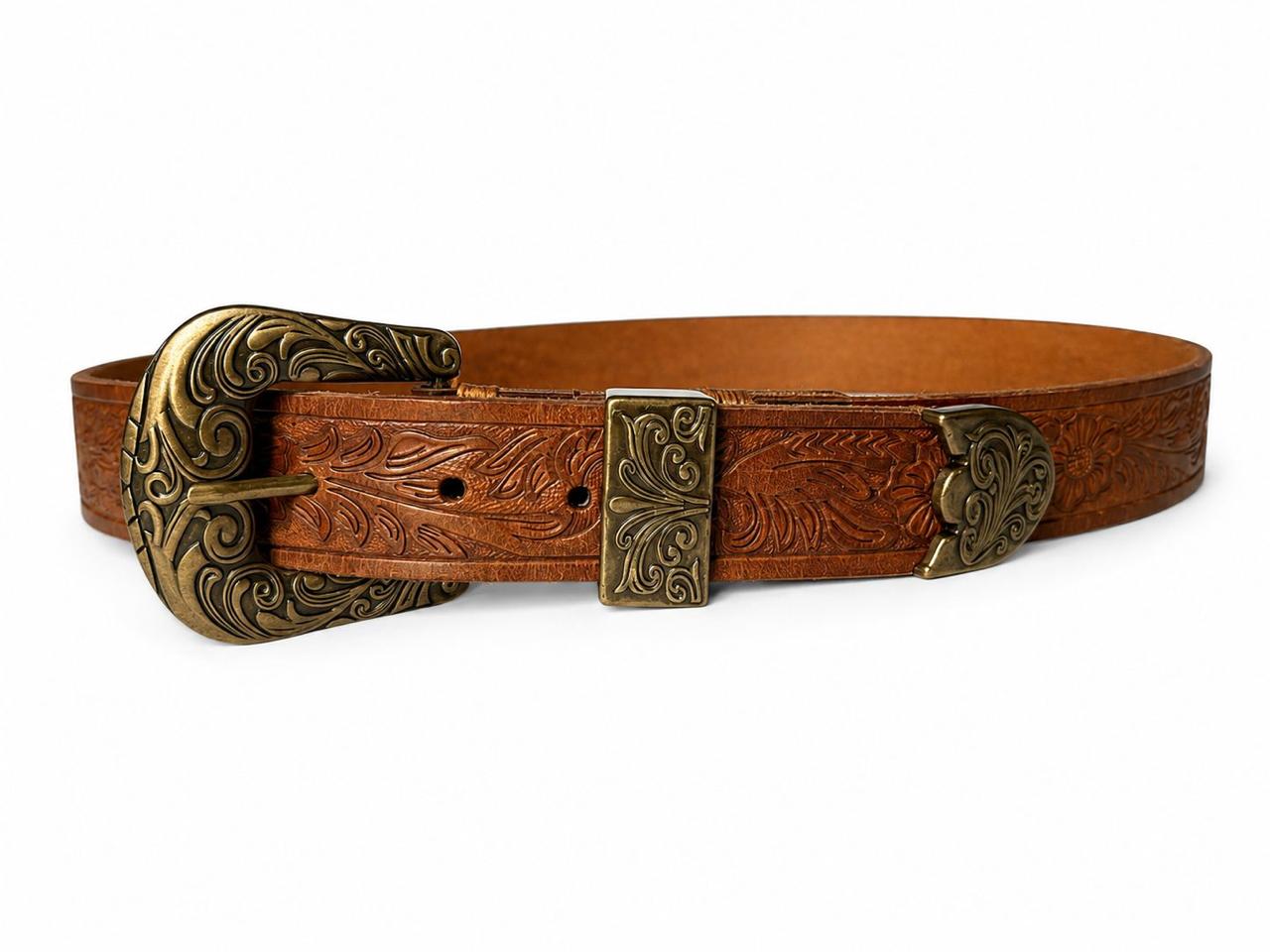 Buy Vintage Western Tooled Genuine Leather Belt with Antique Brass Buckle premium leather belt online at Eldurato - Best quality
