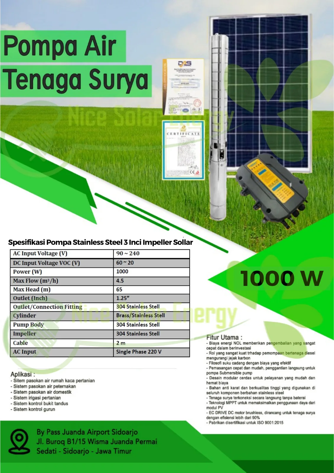 Pompa Air Tenaga Surya 750W, 1000W, 2200W