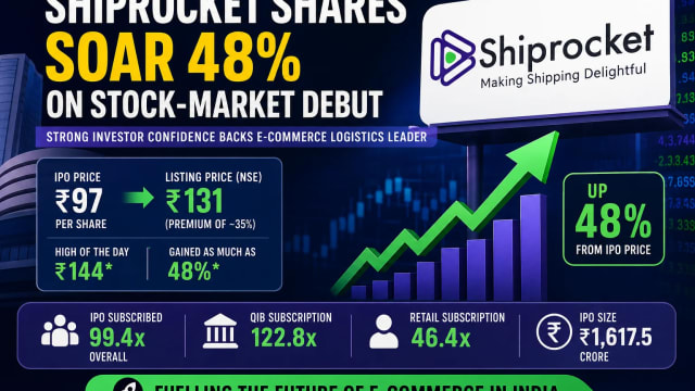 Shiprocket Shares Surge Nearly 48% on Stock-Market Debut as Investors Back E-Commerce Logistics Growth