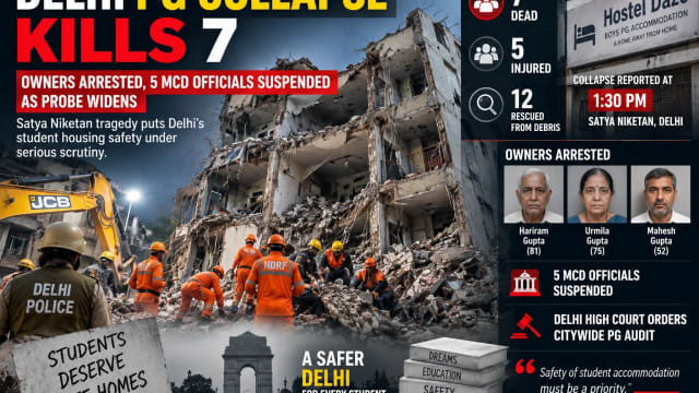 Delhi PG Collapse Kills 7: Owners Arrested, 5 MCD Officials Suspended as Probe Widens