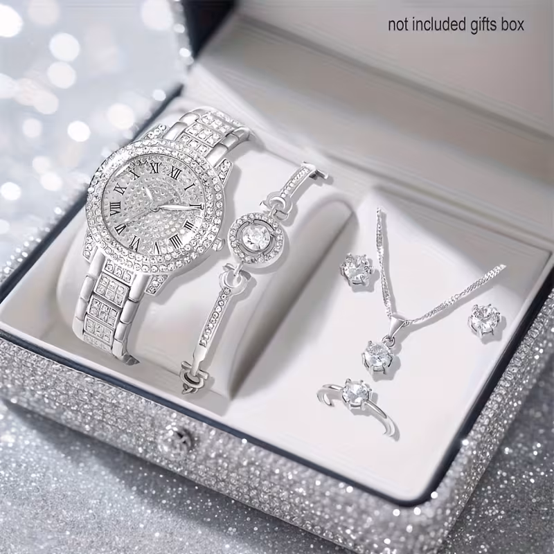 6pcs Elegant Luxury Women'S Quartz Watch, Exquisite Round Roman Dial with Pendant Necklace, Ring, Earrings, Bracelet Set