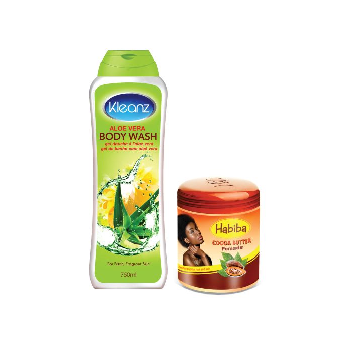 Ghandour Cosmetics Kleanz Aloe Vera Body Wash 750ml & Habiba Cocoa Butter Pomade 250ml Bundle