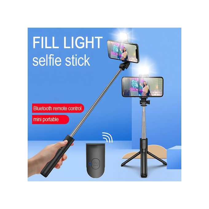 Bluetooth Selfie Stick Tripod With Fill Light + Shutter Remote - Black