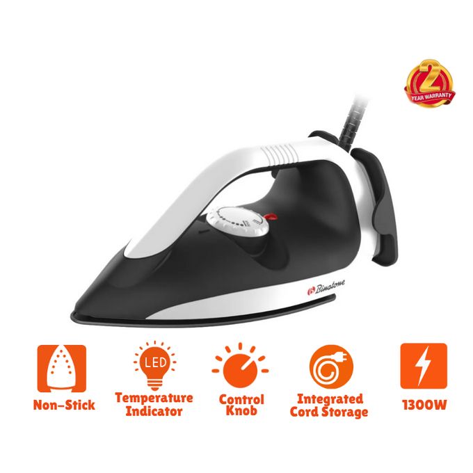 Binatone DI-1255 Dry Iron With Non-Stick Sole Plate - 1300 Watt - White/Black