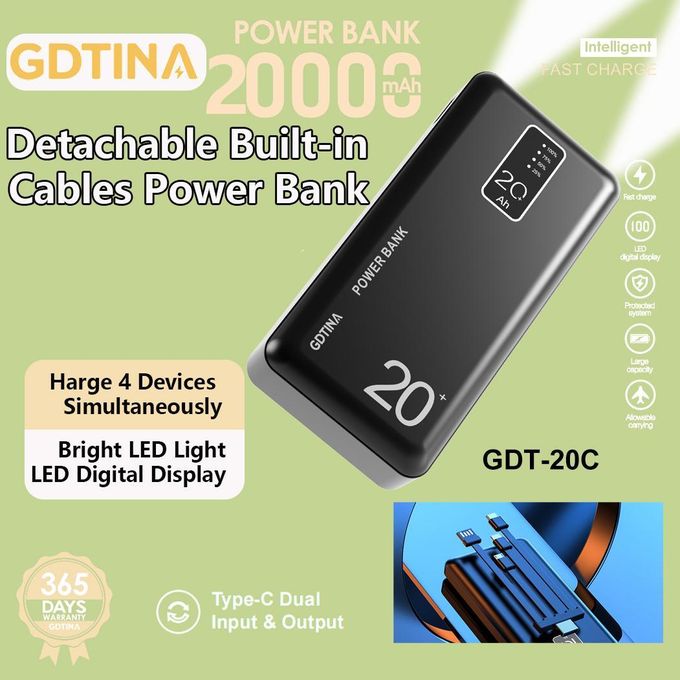 GDTINA 20000mAh Super Fast Charging Pøwer Bank-black Built-in LED Light Flashlight-black
