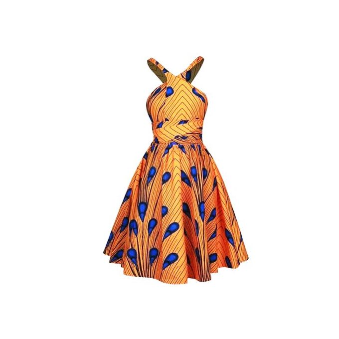 Code Wear African Print Sleevess Dress - Orange/Blue