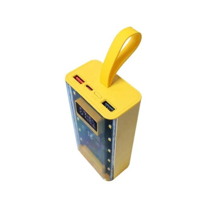 High-performance 20000mAh power bank with multi inbuilt charging cables (Lightning, Type-C, Micro USB, and USB-A) and a durable ABS plastic casing in a sleek, portable design finished in vibrant -Yellow