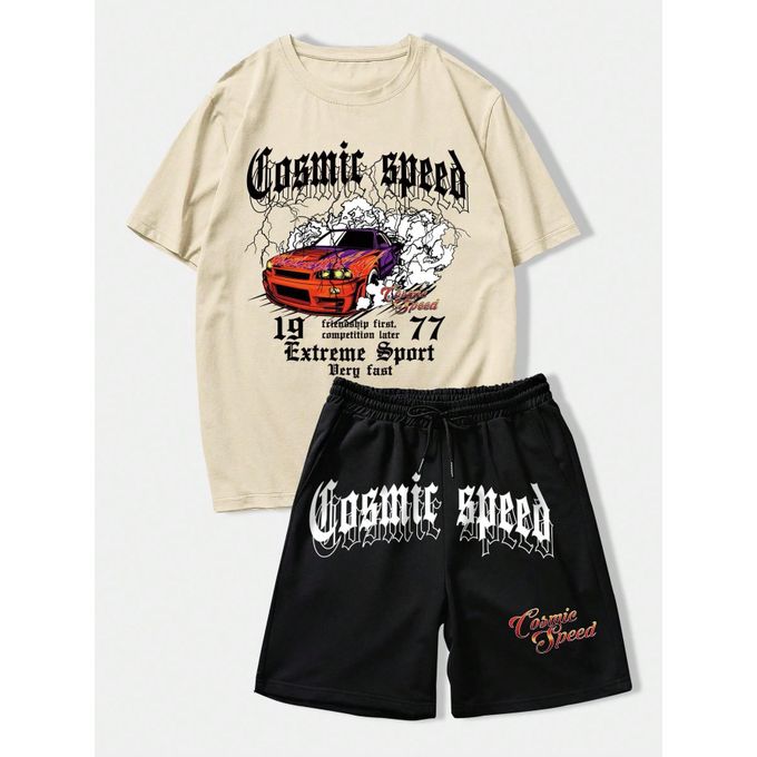 Dou-color Men's 2-in-1 sports car style short sleeved T-shirt and shorts set - brown black