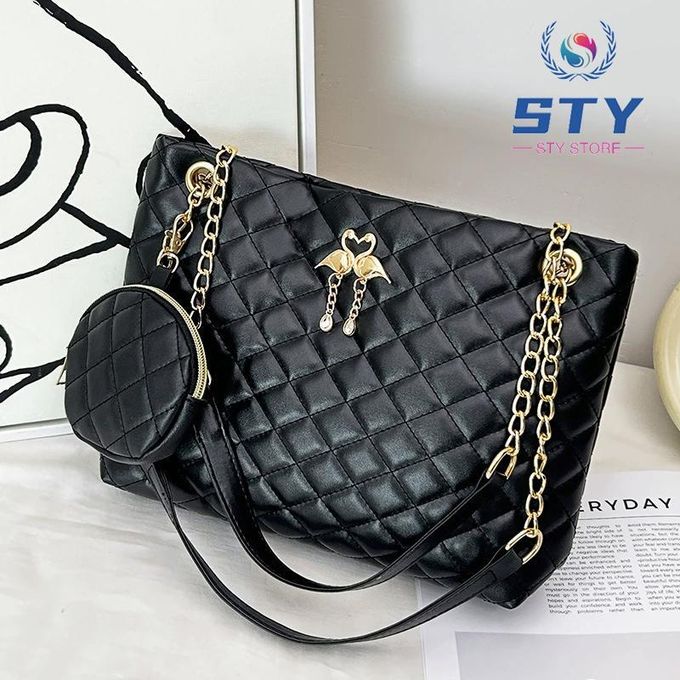 STY Ladies Black Handbag Coin Bag Set Swan Metal Decoration Bag Small & Medium-sized Tote Bags