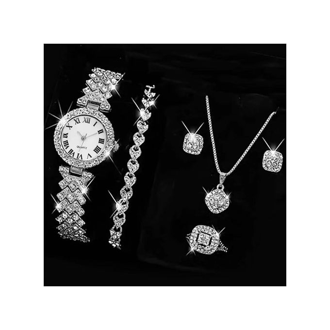 5PCS Watch Ring Necklace Earrings Water Diamond Bracelet Set