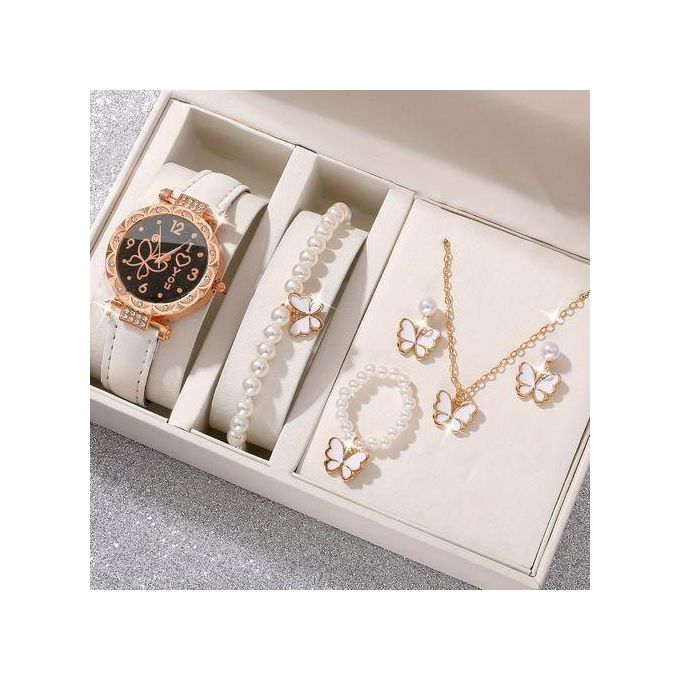 6Pcs/Set Simple And Elegant Butterfly Style Women's Quartz Watch Butterfly Jewelry Set - White