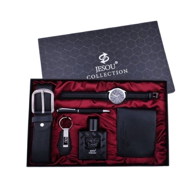 Jeou Men’s Luxury Gift Set – Watch, Wallet, Belt, Pen, Perfume & Key Holder, Black